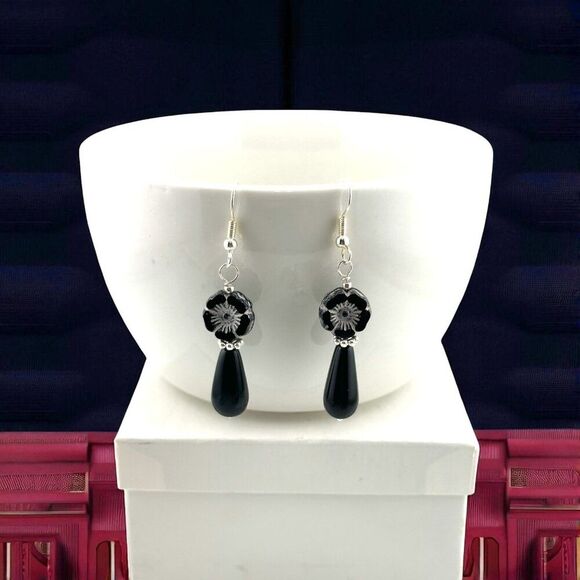 Black Hibiscus Flower and Teardrop Earrings - Picture 2 of 7